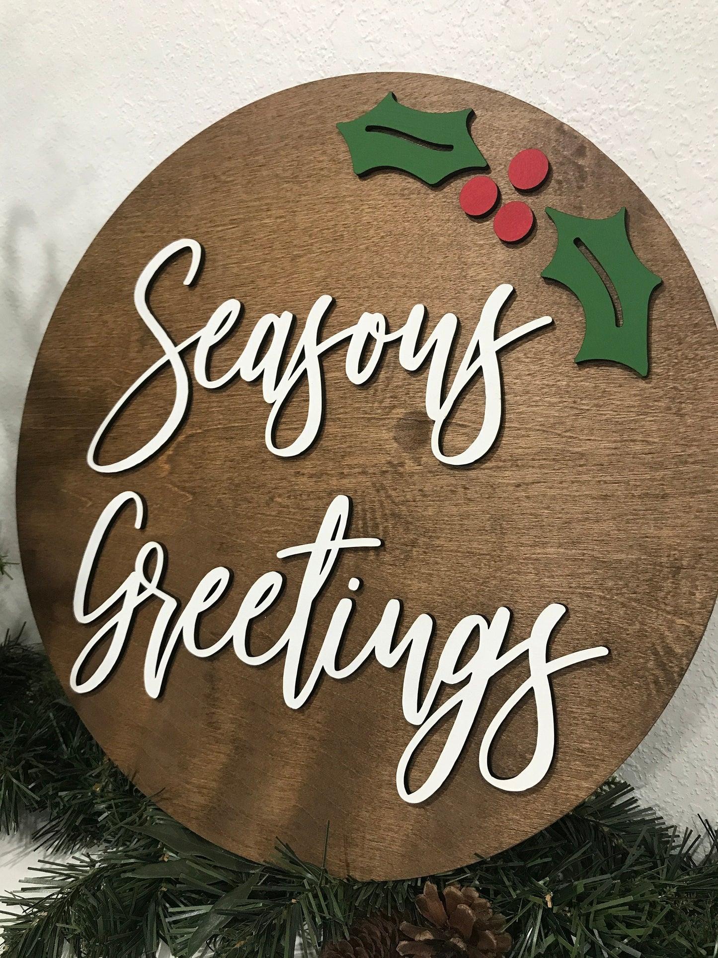 Seasons greetings sign, Christmas decorations, 3D holiday decor, porch wood signs, living room wooden sign wall hanging, holly mantel decor