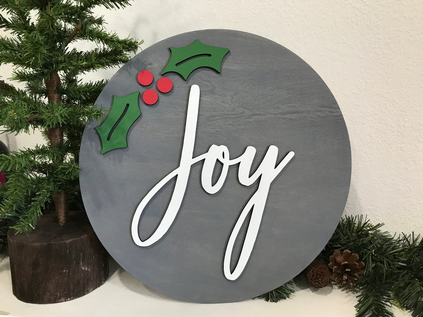 Joy sign, Christmas decorations, 3D holiday decor, winter patio wood signs, living room wooden sign wall hanging, holly leaves mantel decor