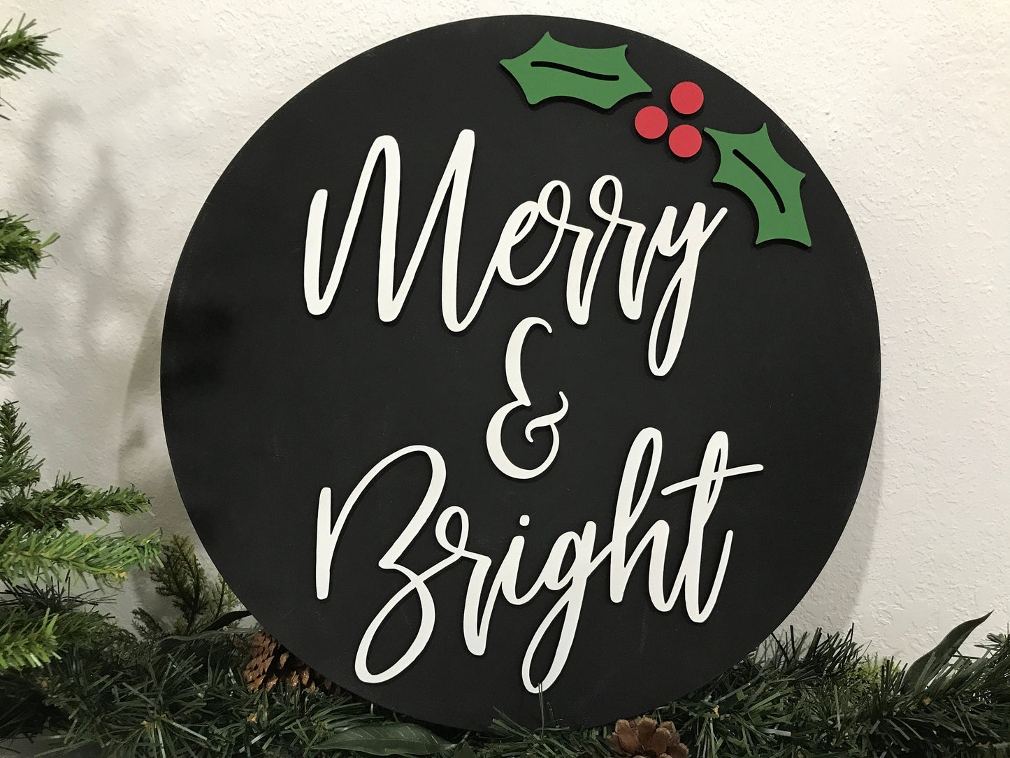 Merry & bright sign, Christmas decorations, 3D holiday decor, wood signs, living room wooden sign wall hanging, holly leaves mantel decor