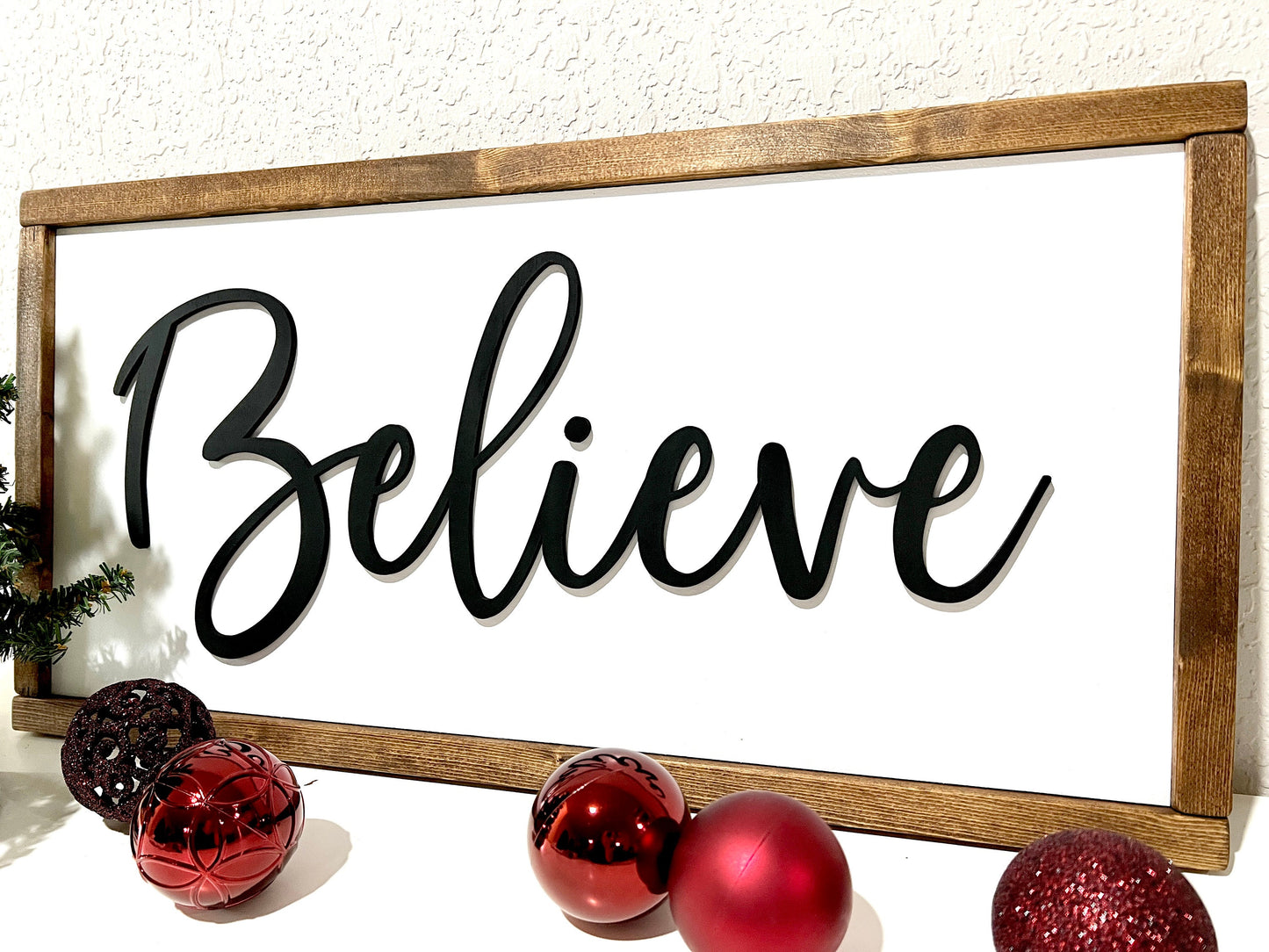 Believe sign, Christmas decorations, 3D holiday decor, framed wood signs, living room wooden sign wall hanging, hearth mantel decor
