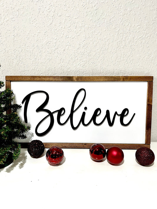 Believe sign, Christmas decorations, 3D holiday decor, framed wood signs, living room wooden sign wall hanging, hearth mantel decor