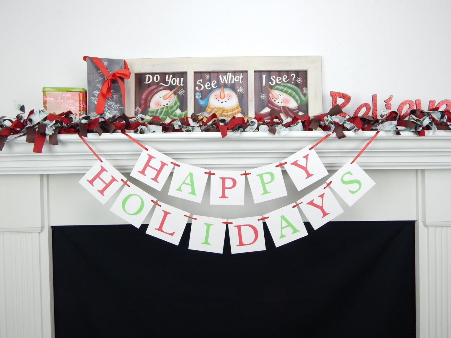 Happy Holidays Banner, red and green Christmas decorations, jolly holiday home decor sign, Christmas bunting, cheerful mantel garland