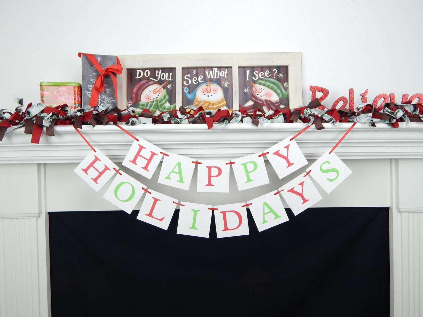 Happy Holidays sign, fireplace mantel decor, Christmas bunting, red and green Christmas decorations, festive holiday decor christmas banner