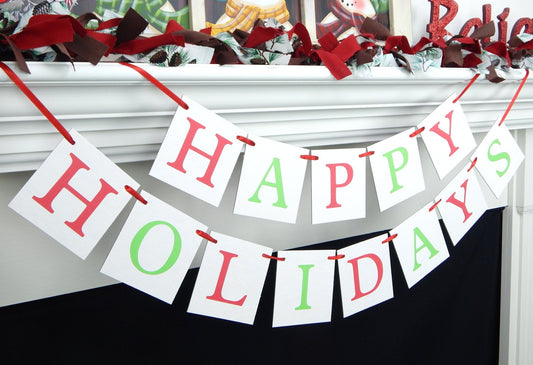 Happy Holidays Banner, red and green Christmas decorations, jolly holiday home decor sign, Christmas bunting, cheerful mantel garland