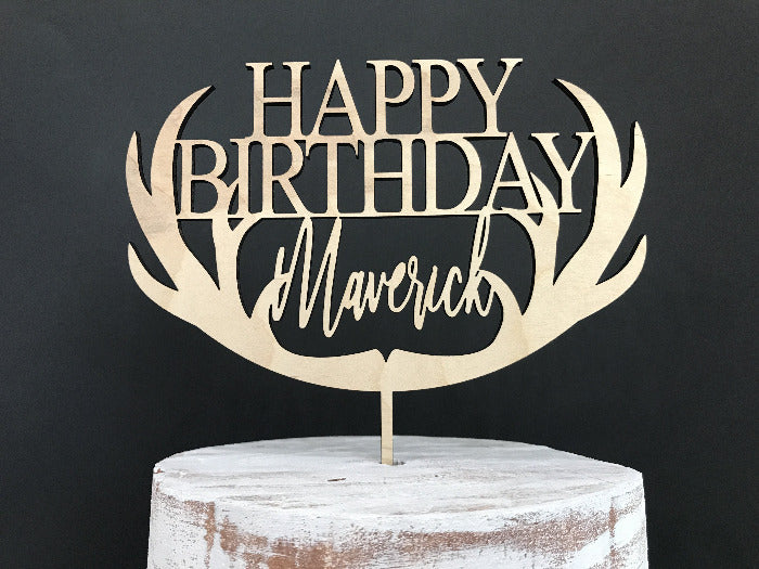 woodland happy birthday cake topper with personalized name and deer antlers 
