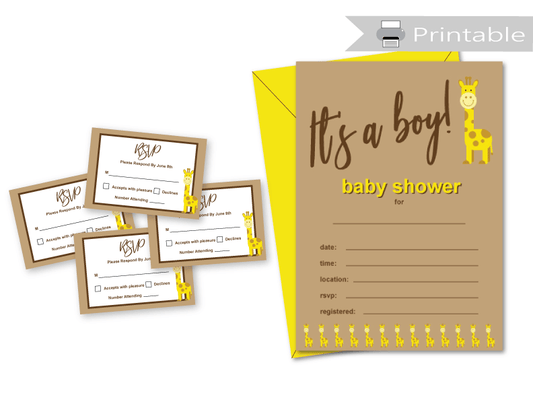 Its a boy printable baby shower invitations and rsvp cards - giraffe diy baby shower invitation blanks