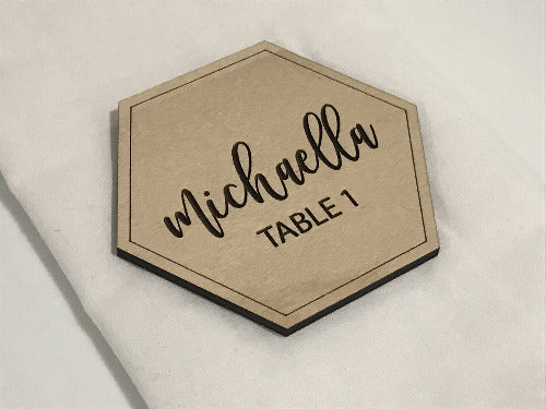 engraved hexagon shaped wedding place cards 