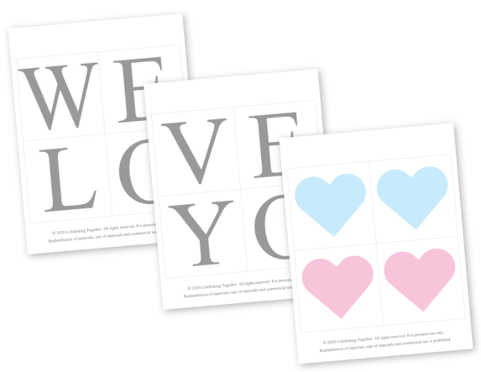 printable lettering for diy we love you and light blue and baby pink hearts - Celebrating Together