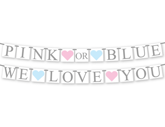 printable pink or blue we love your banner - gender reveal party decoration - Celebrating Together