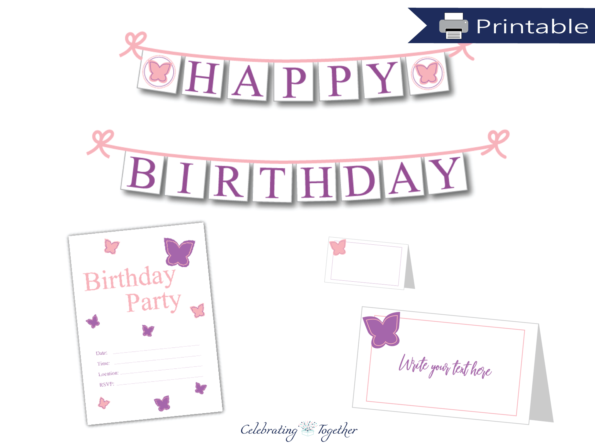 printable butterfly birthday party stationery bundle - Celebrating Together