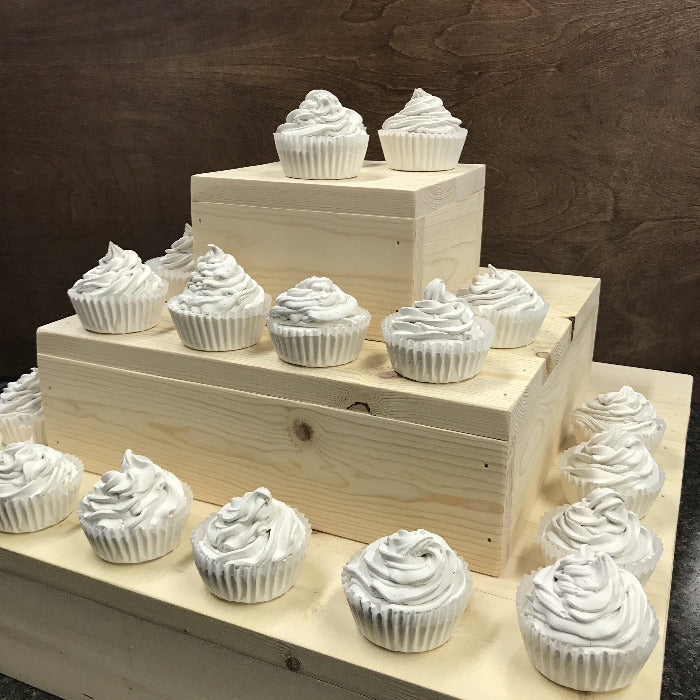 3 tiered cupcake stand with raw wood and faux cupcakes 