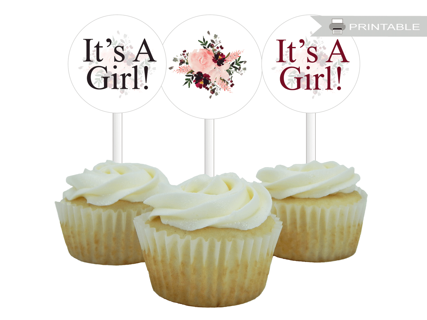 printable floral it's a girl cupcake toppers
