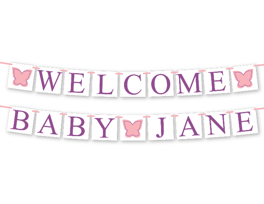 printable butterfly welcome baby personalized name banner for baby shower - Celebrating Together