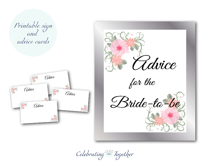 printable advice for the bride to be sign and printable watercolor flower advice cards - Celebrating Together